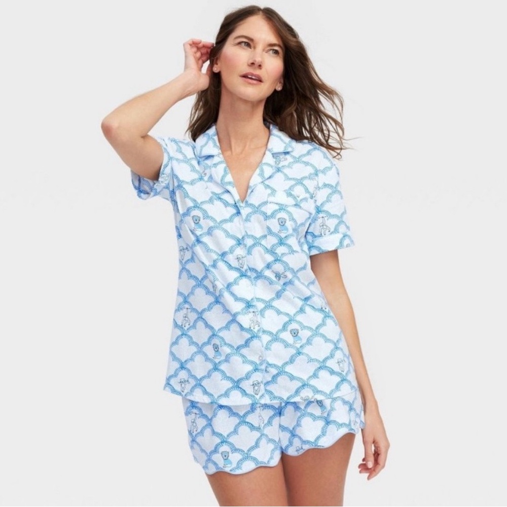Roller Rabbit Geo Trellis Blue White Scallop-Print Short Pajama Set Small